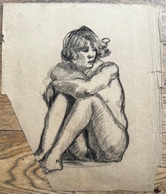Mid Century French Seated Female Nude Figure Pencil Drawing