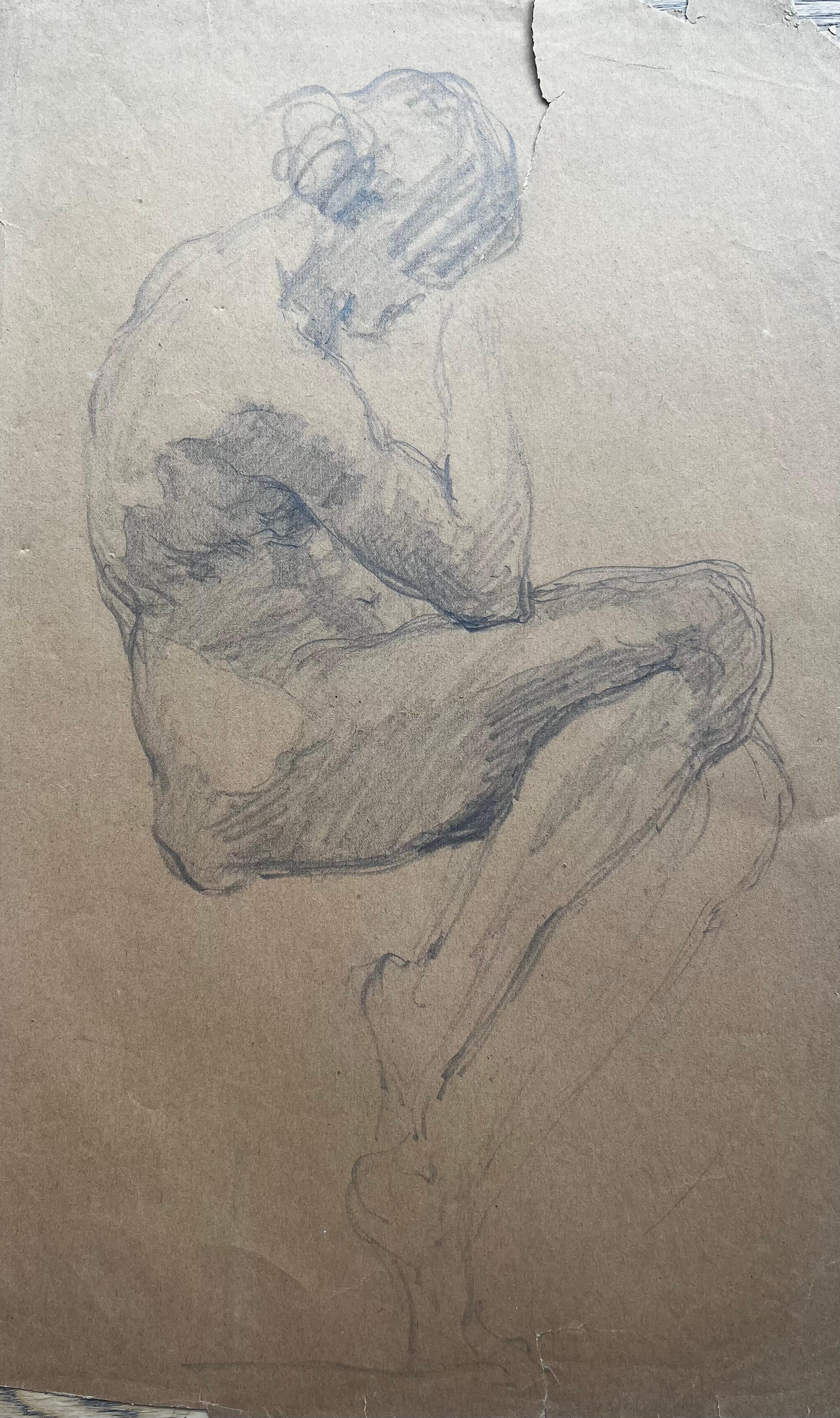 Mid Century French Seated Female Nude Figure Pencil Drawing Study