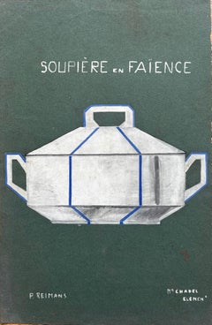 Mid Century Französisch Soupiere en Fayence Design Gouache Studie