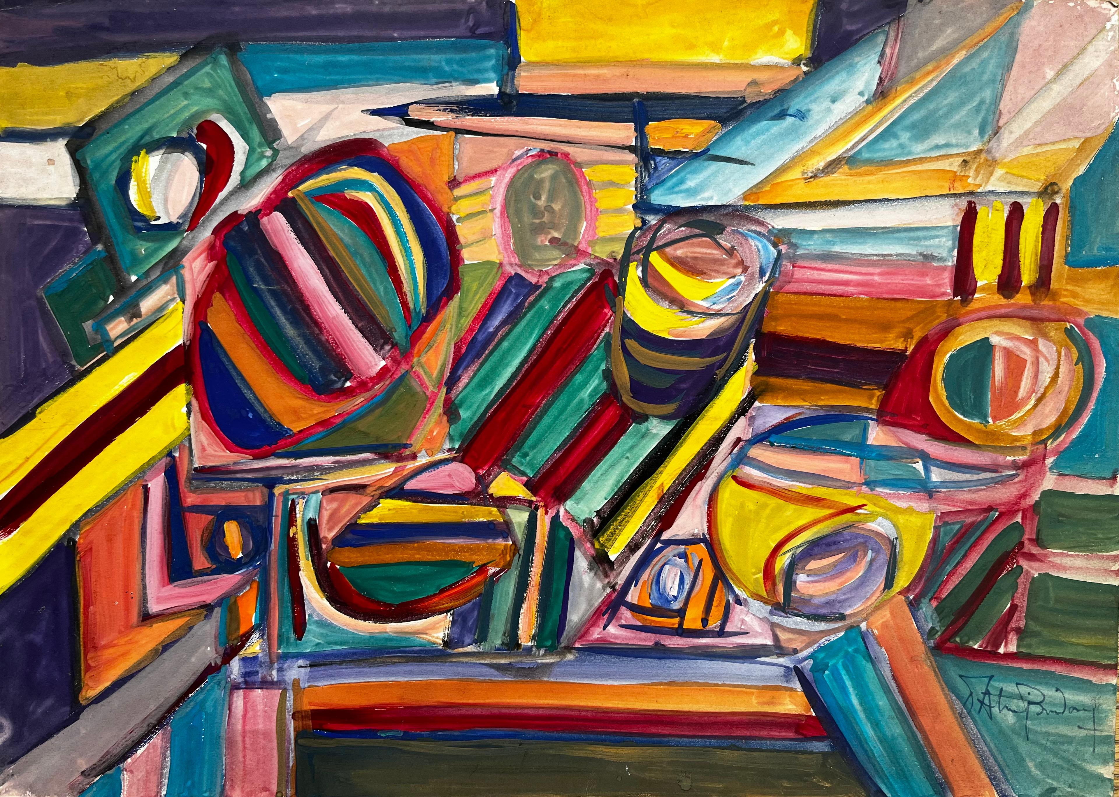 French School Abstract Painting - Mid Century Geometric Modernist Abstract Gouache On Paper