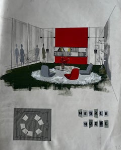 Mid Century Modern Interior Design Presentation Gouache Meuble Mural