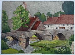 Mid Century Stone Bridge River Landscape Watercolour Painting