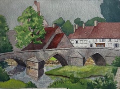 Mid Century Stone Bridge River Landscape Watercolour Painting