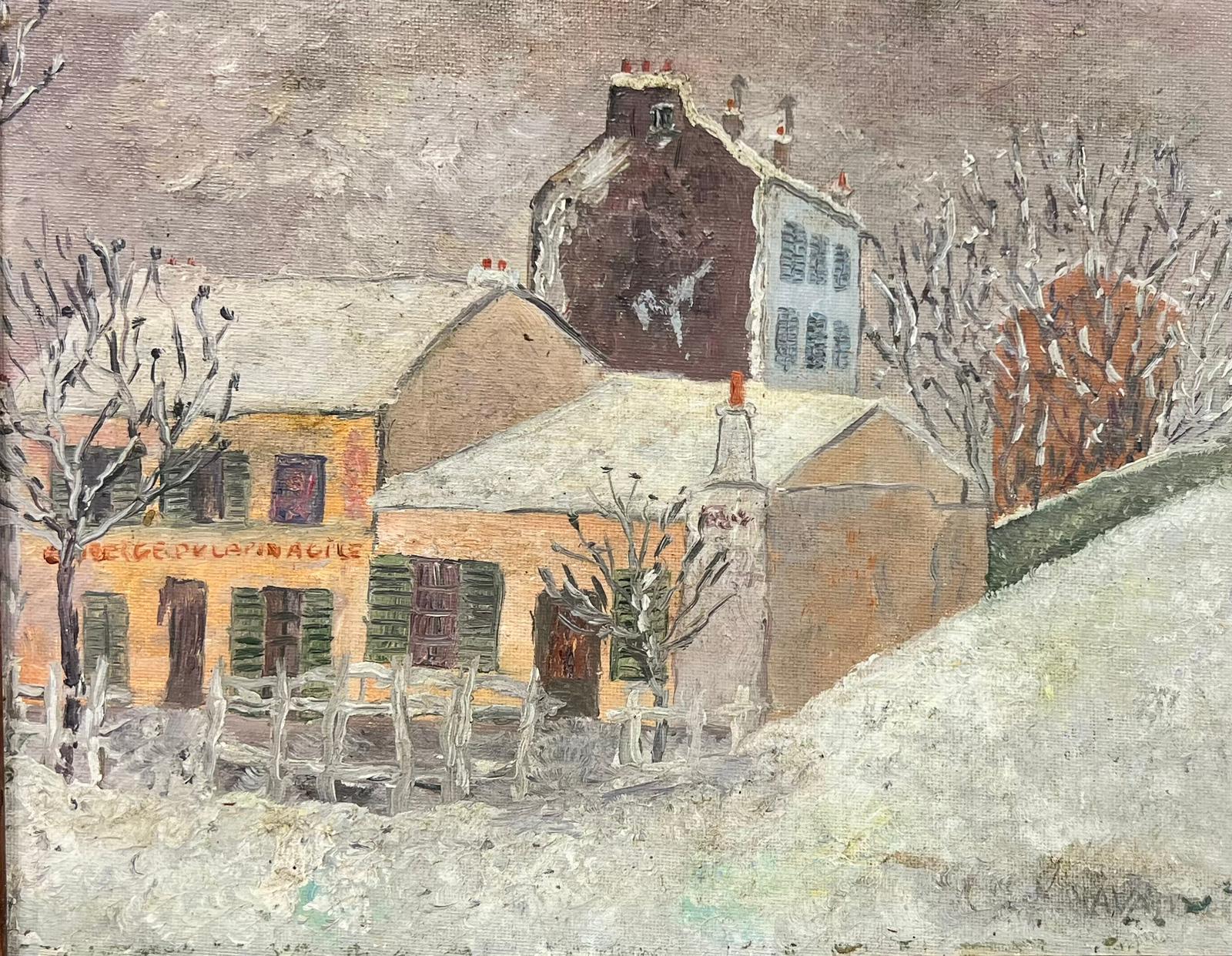 Montmartre Paris in Snow Latin Agile Street Scene Signed French Oil 20thC - Painting by French School
