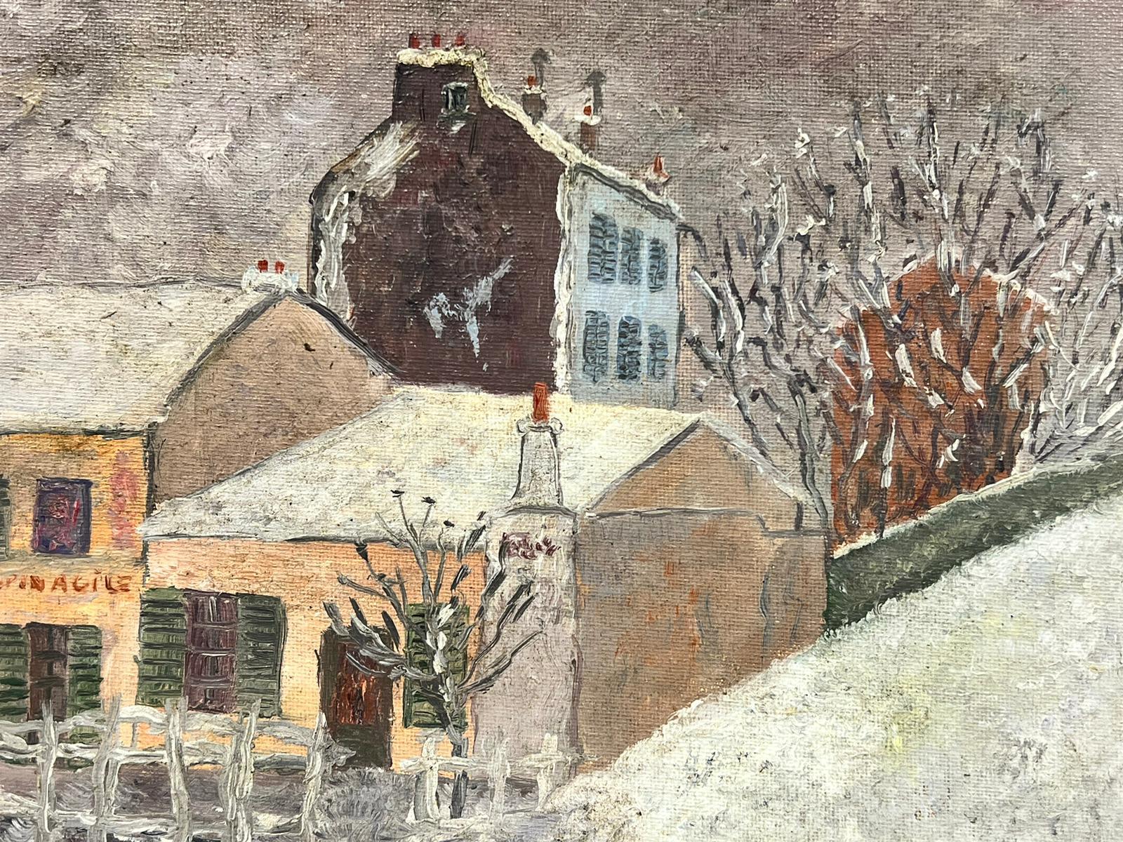 Montmartre Paris in Snow Latin Agile Street Scene Signed French Oil 20thC - Impressionist Painting by French School
