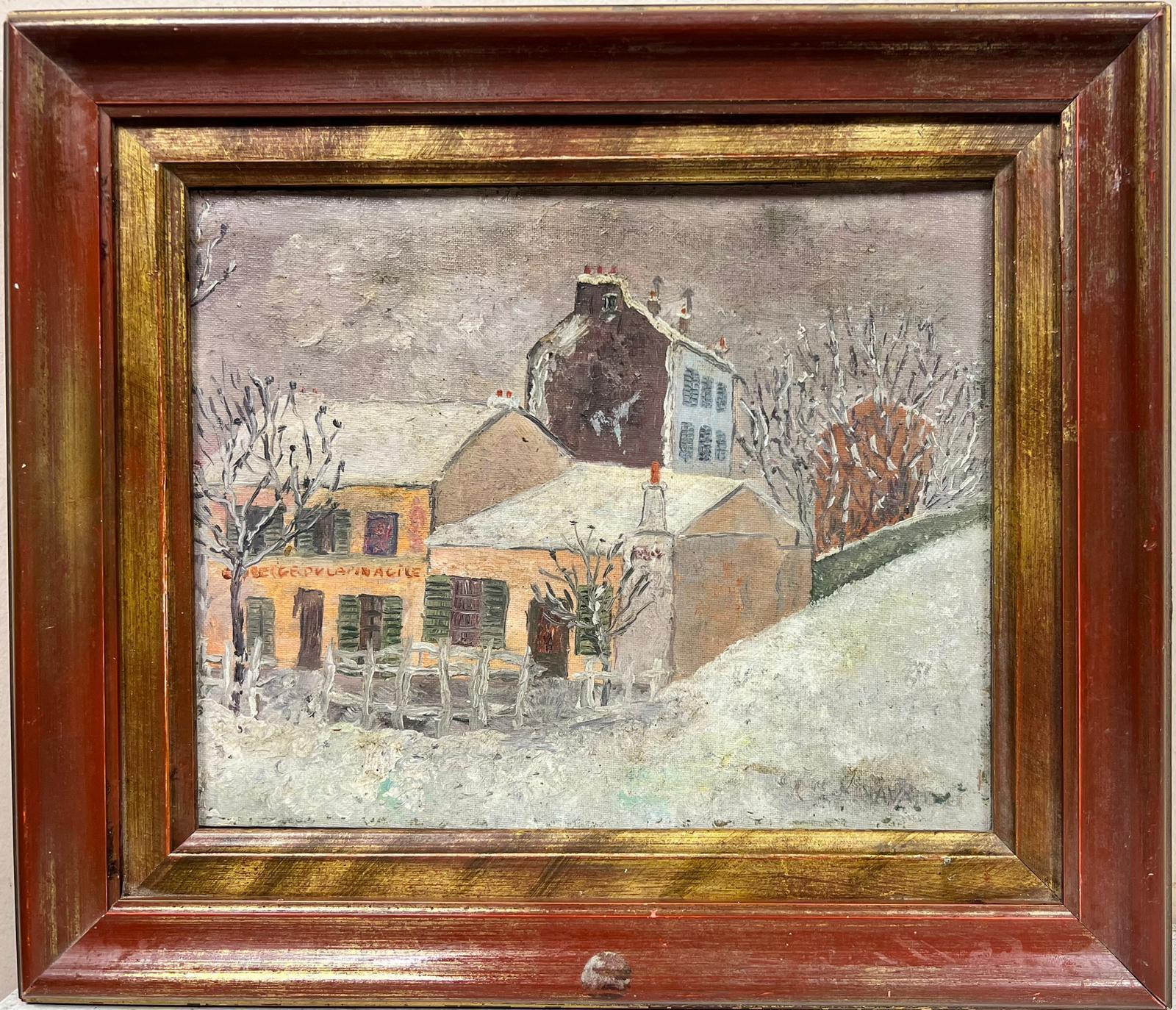 French School Landscape Painting - Montmartre Paris in Snow Latin Agile Street Scene Signed French Oil 20thC