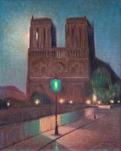 'Notre-Dame at Night' oil on canvas by a French School artist