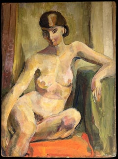 Nude Brunette Female Posed In Green Interior Mid Century French Oil Painting