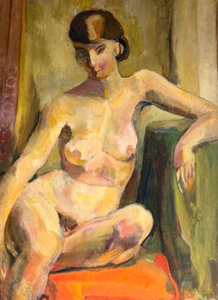 Nude Brunette Female Posed In Green Interior Mid Century French Oil Painting