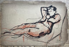 Reclining Male Nude Figure Study Ink And Red Chalk French Mid Century