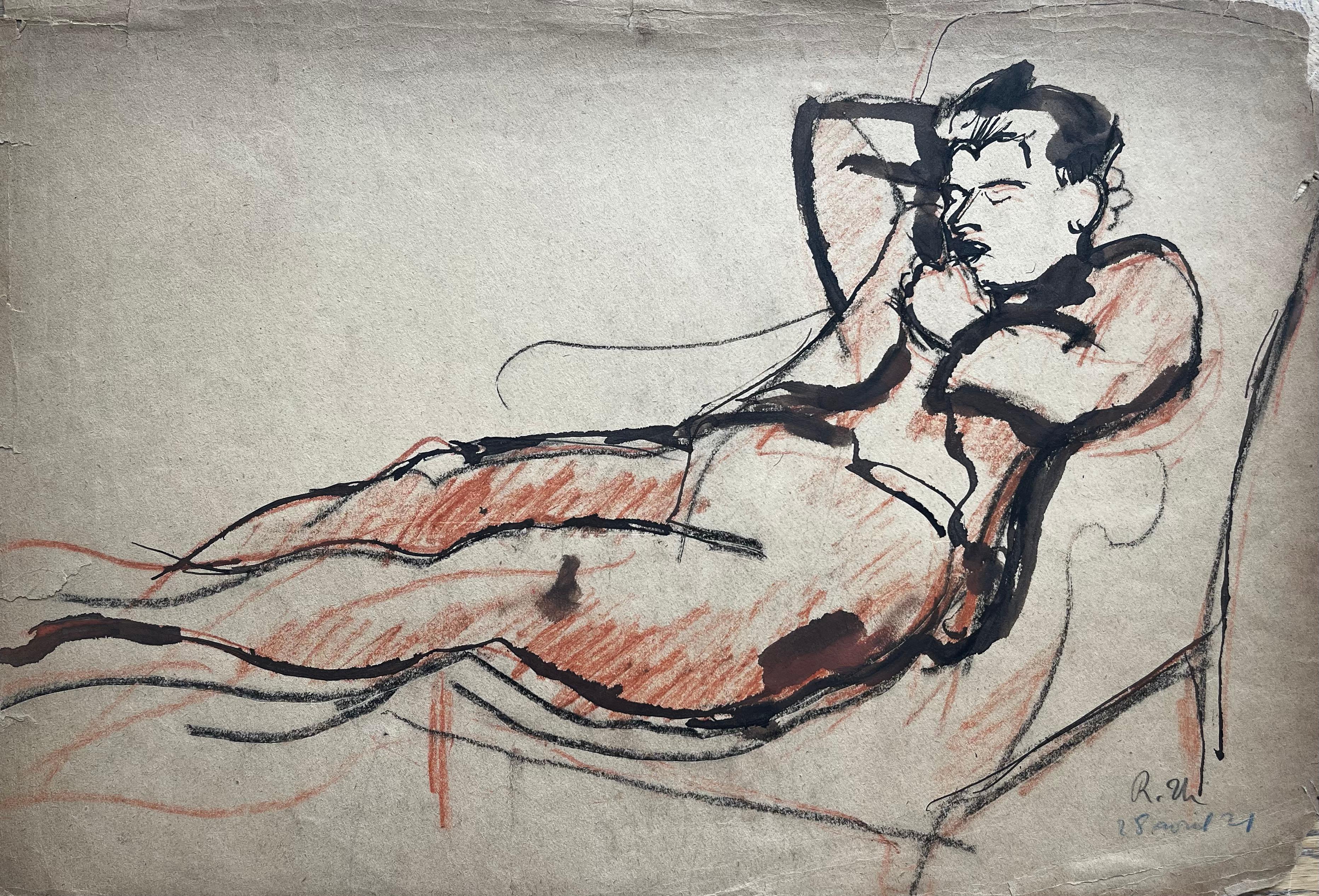 Studio di figura di nudo maschile reclinato Inchiostro e gesso rosso Metà secolo francese