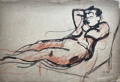 Reclining Male Nude Figure Study Ink And Red Chalk French Mid Century