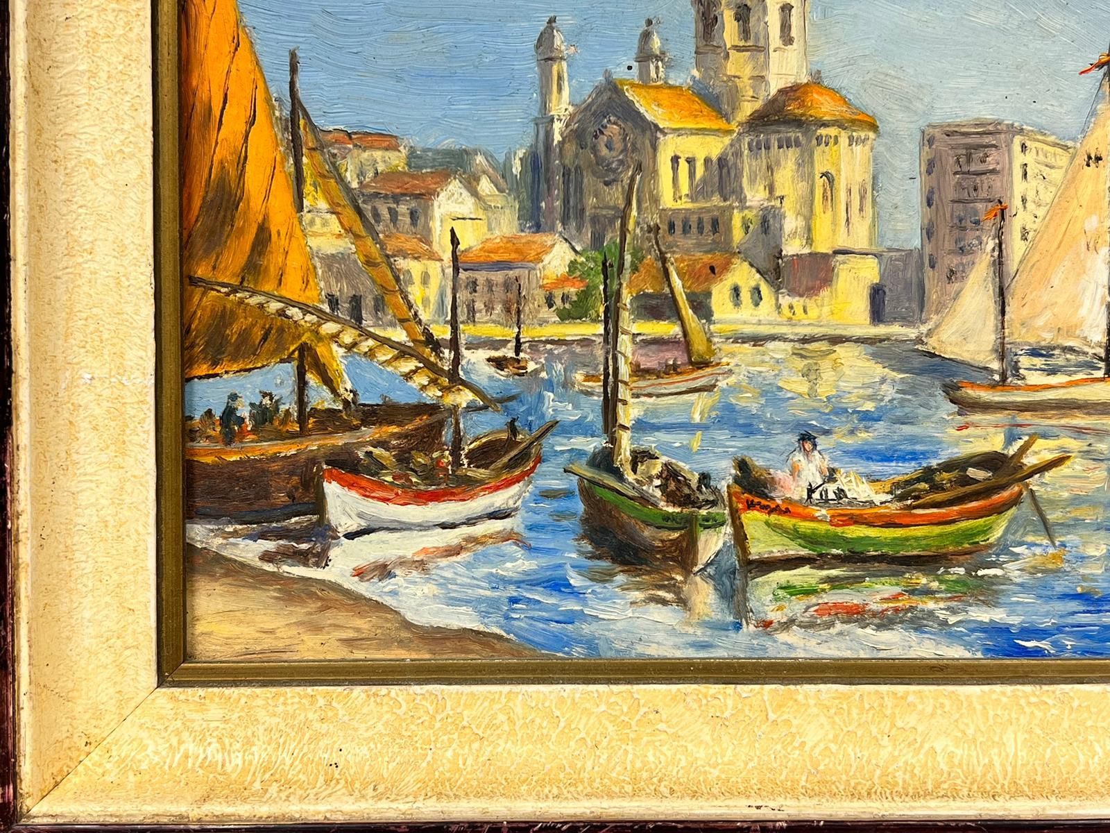 Saint Raphael Harbour South of France signed Mid Century French Oil Sunny Boats - Impressionist Painting by French School
