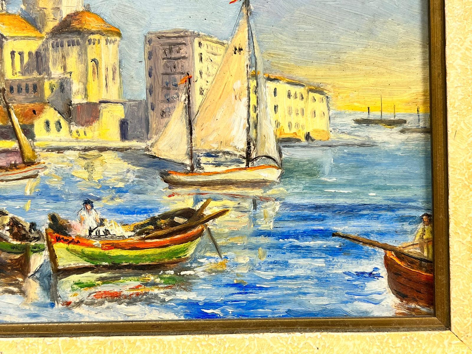 Saint Raphael Harbour South of France signed Mid Century French Oil Sunny Boats For Sale 1