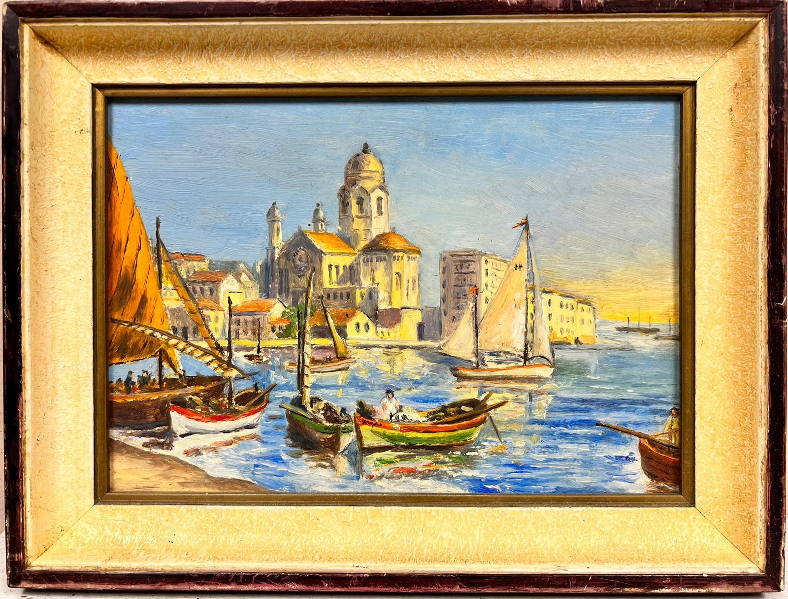 Saint Raphael Harbour South of France signed Mid Century French Oil Sunny Boats - Painting by French School