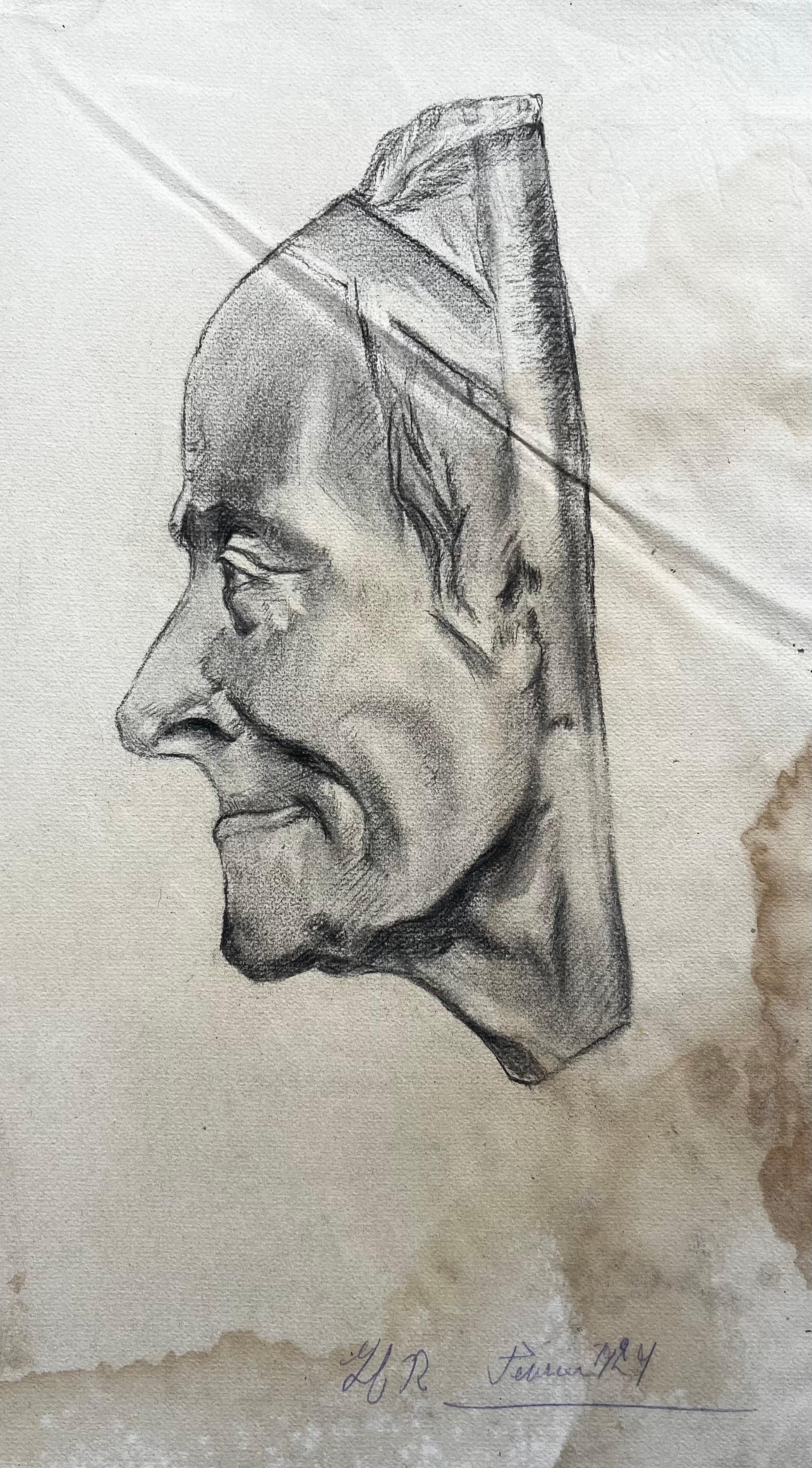 Signed 1924 Male Profile Head Study Graphite Drawing