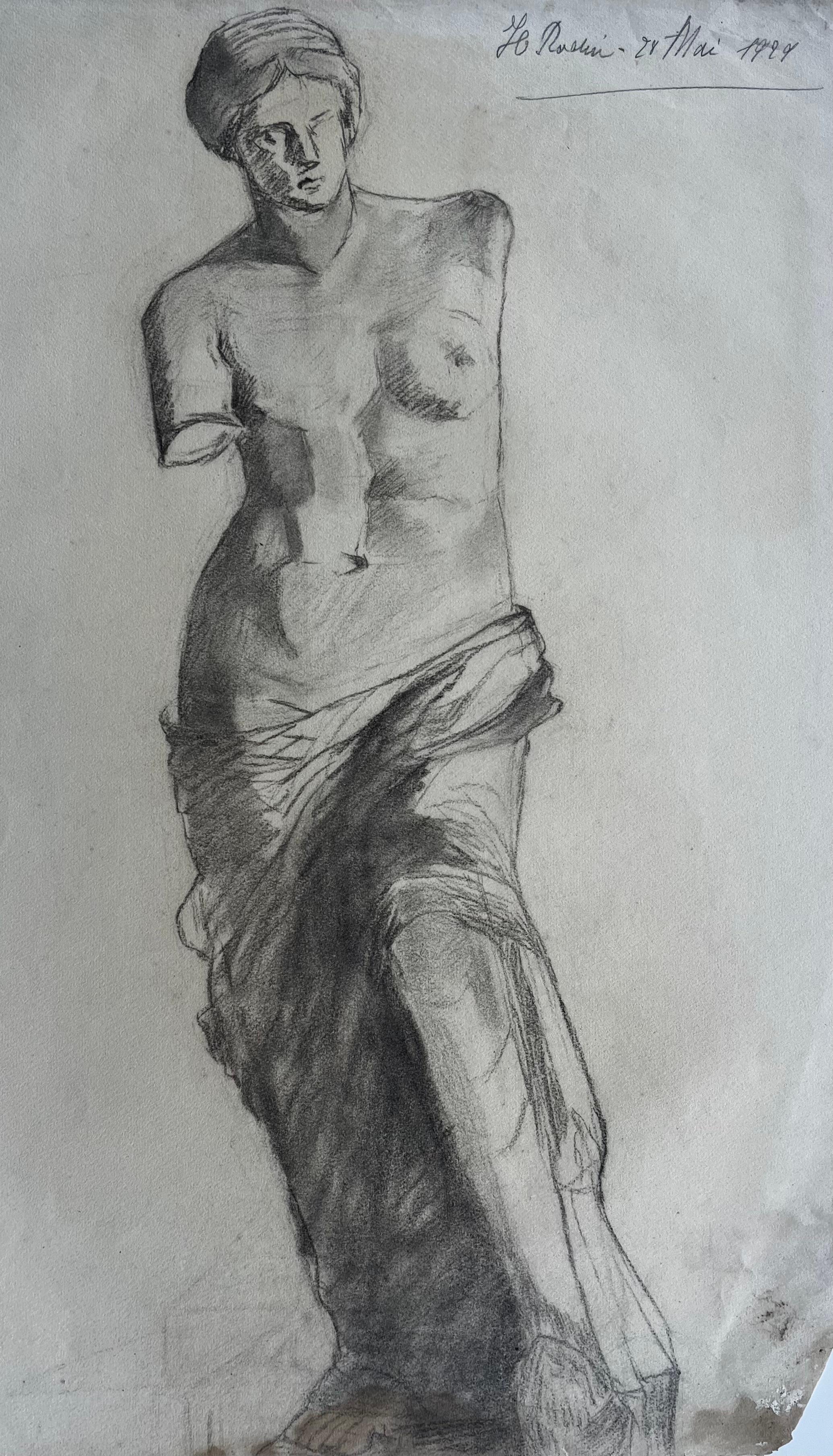 Title: Signed 1999 Venus de Milo Study Charcoal Drawing
Medium: Charcoal on paper, unframed
Size: 25.25 x 19.85 inches (height x width)
Signed: Yes – signed and dated upper right. Inscription: L. Ravin – 29 Mai 1999
Provenance: private