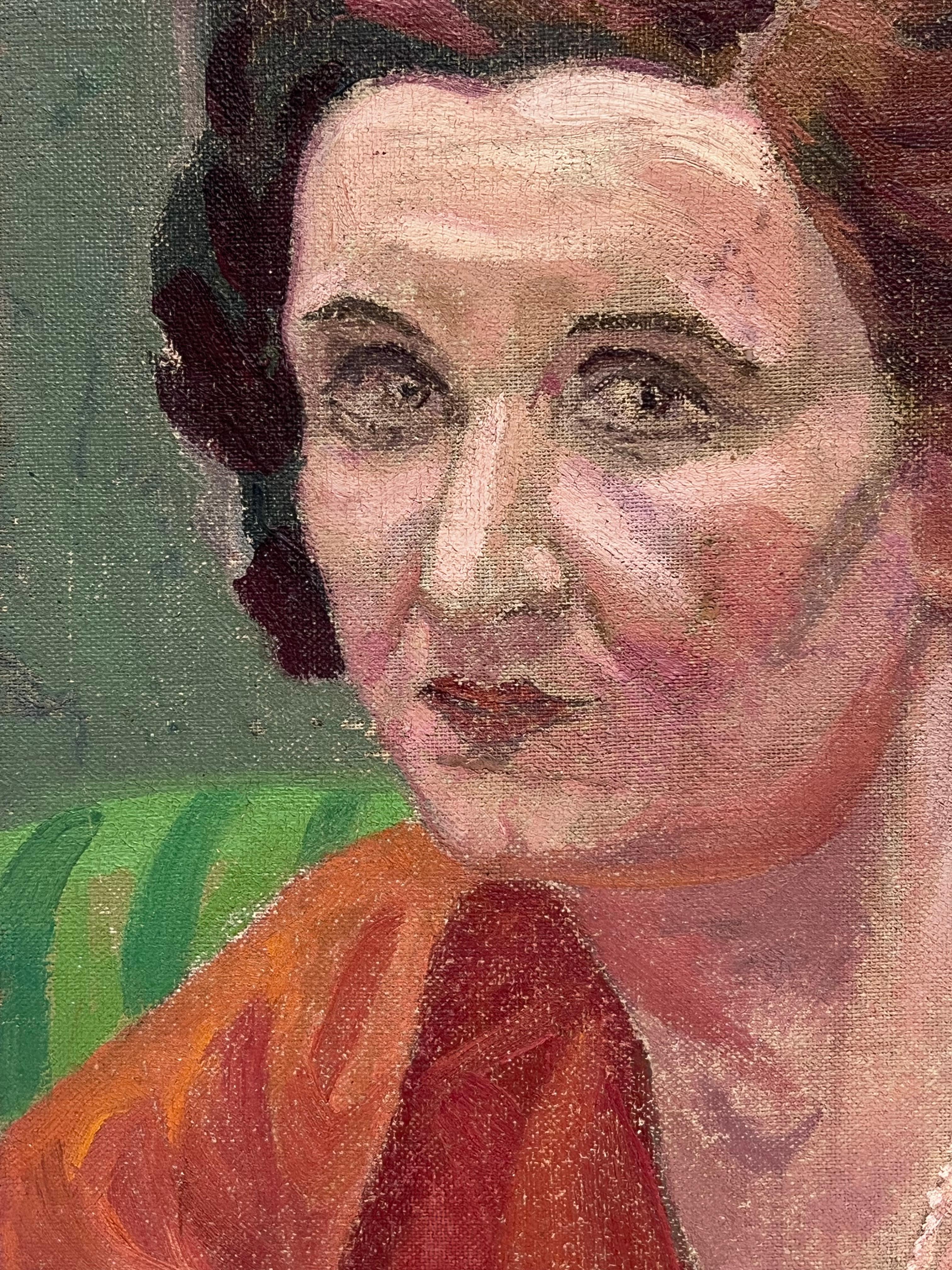 Peinture à l'huile ancienne française signée Portrait de tête et d'épaules d'une femme en rouge - École française Painting par French School