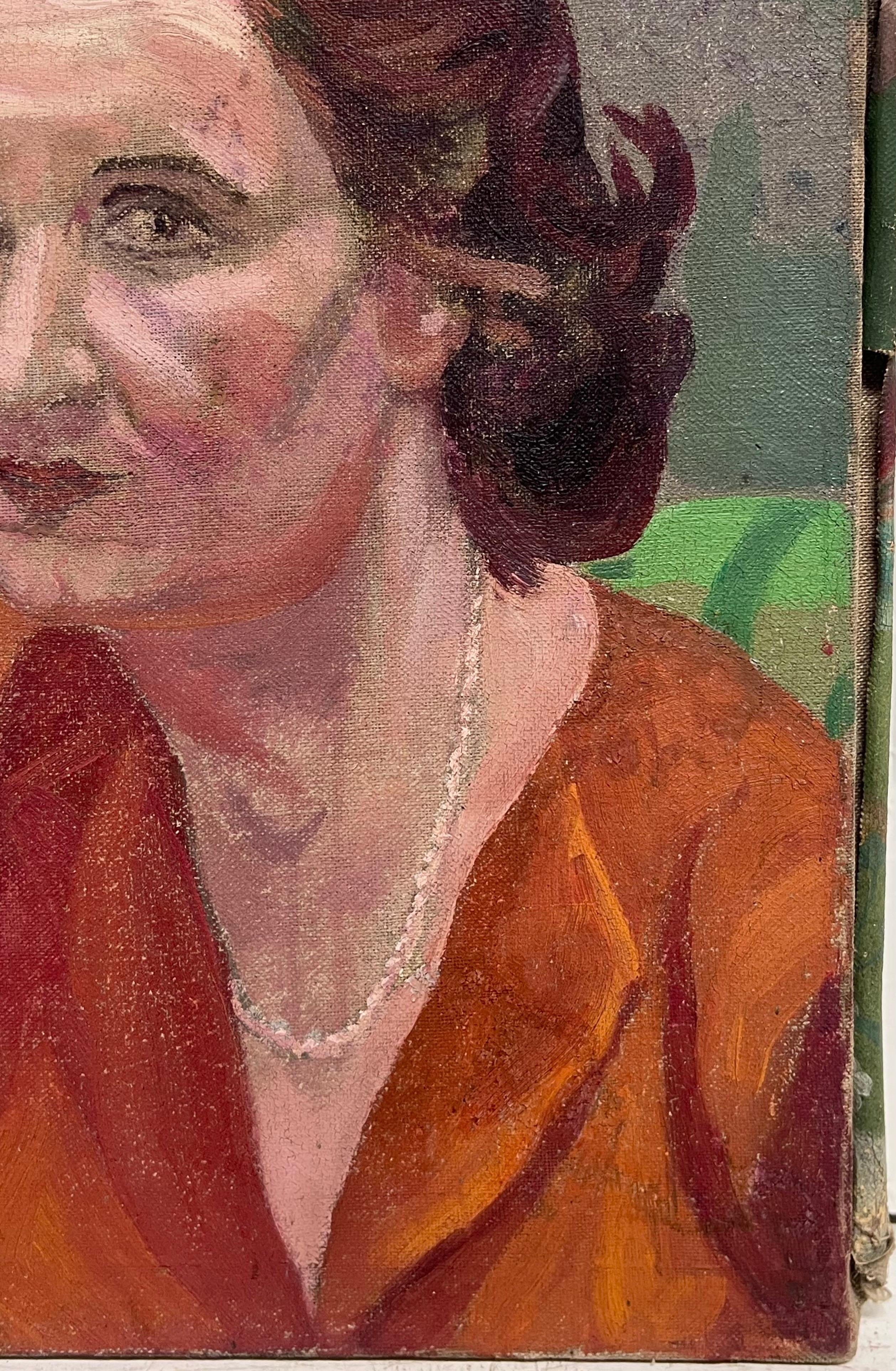 Peinture à l'huile ancienne française signée Portrait de tête et d'épaules d'une femme en rouge - Marron Portrait Painting par French School