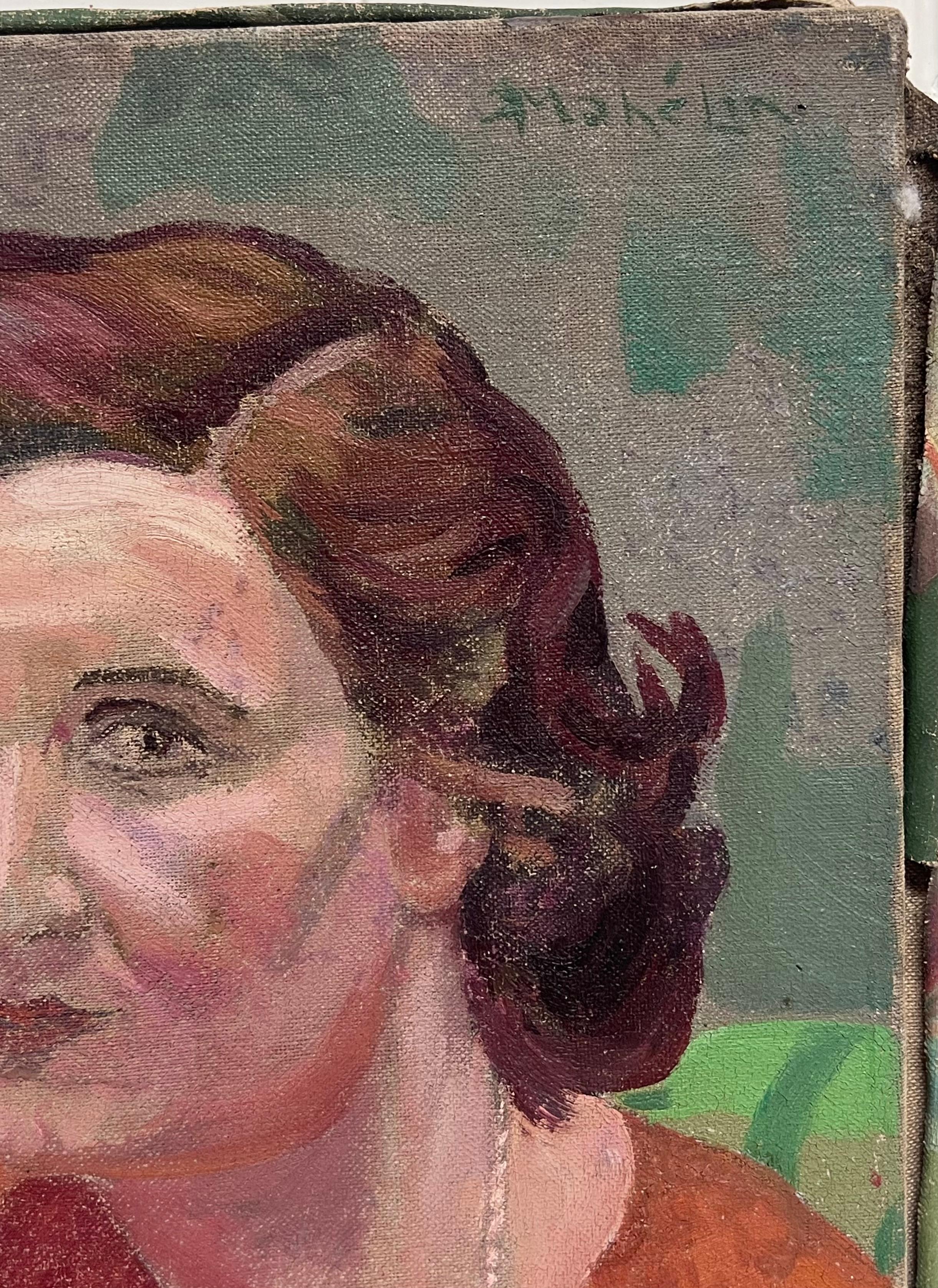 Peinture à l'huile ancienne française signée Portrait de tête et d'épaules d'une femme en rouge en vente 1