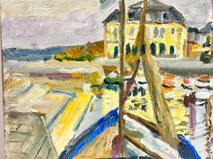 Signed French Modernist Oil Painting Brittany Harbour with Colourful Boats