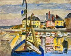 Signed French Modernist Oil Painting Brittany Harbour with Colourful Boats