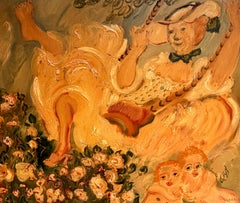 Signed Original 1960's French Large Oil Painting Modern Figurative Colorful