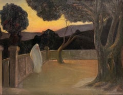 Symbolist Garden Scene Figure at Dusk French Tonalist Landscape Oil Painting