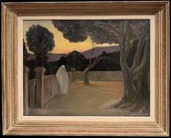 Symbolist Garden Scene Figure at Dusk French Tonalist Landscape Oil Painting