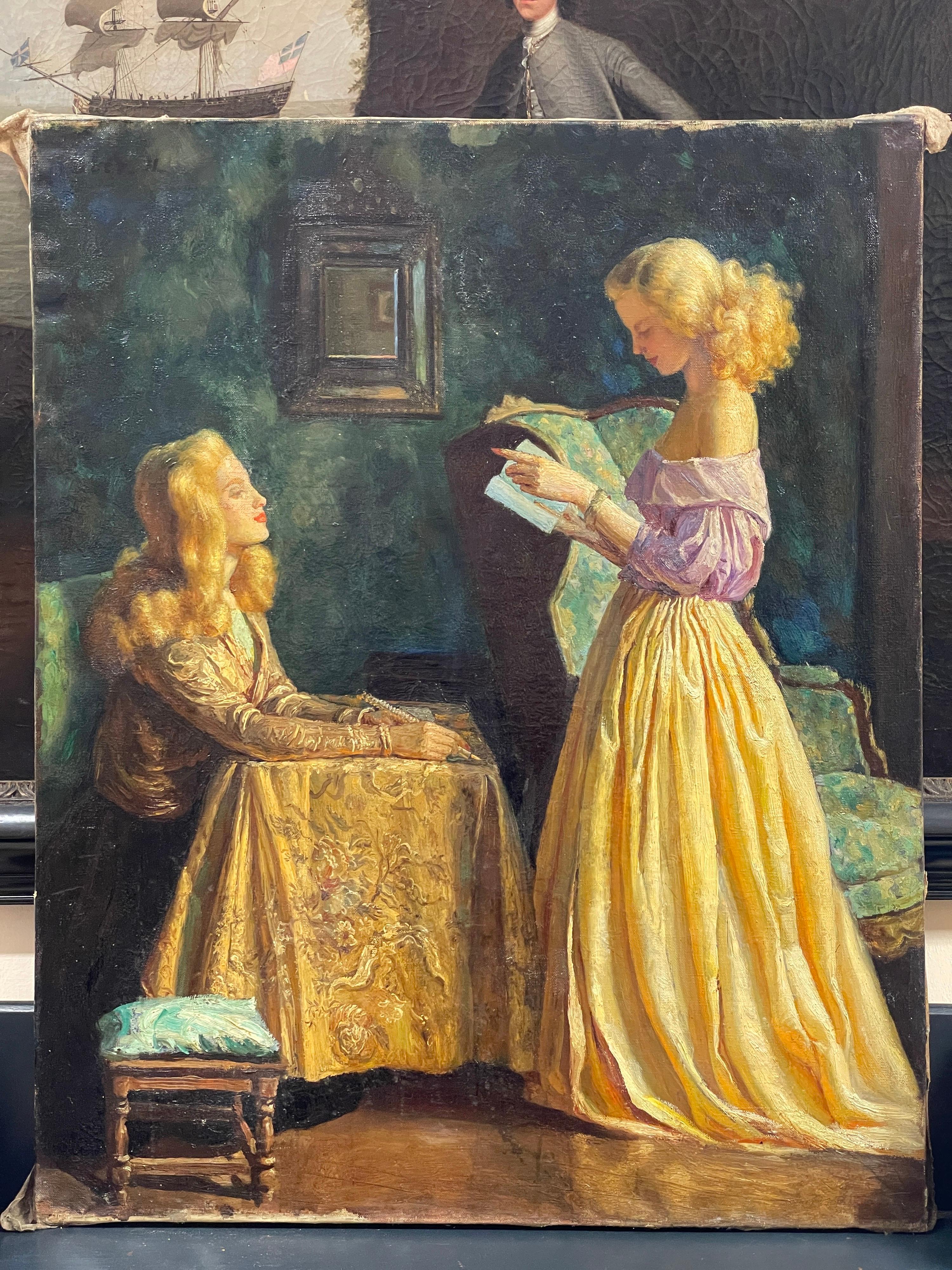 The Love Letter
French School, mid 20th century
indistinctly signed & dated upper left corner
oil painting on canvas, unframed
canvas: 31.5 x 25.5 inches
condition: very good and presentable
provenance: from a private collection in France. 

A very