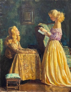 The Love Letter, Signed French Oil Interior Room Scene Two Sisters Reading