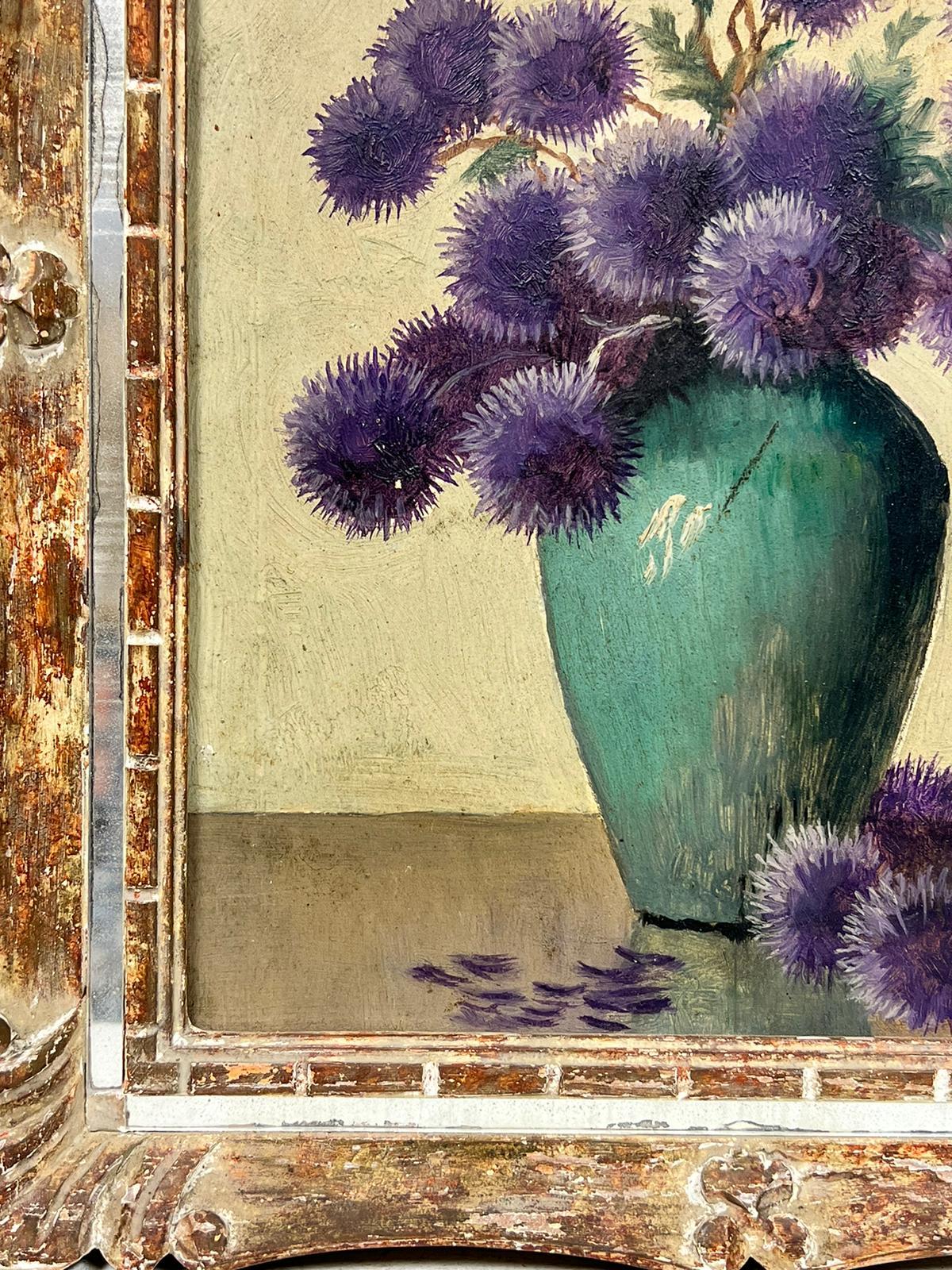 Vintage French Signed Oil Purple Flowers Teal Vase Original Mirror Frame - Impressionist Painting by French School