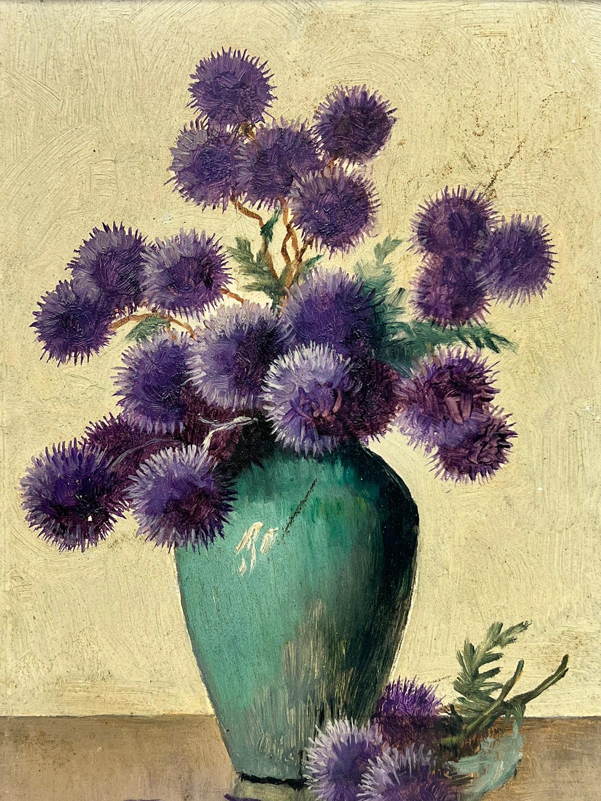 Vintage French Signed Oil Purple Flowers Teal Vase Original Mirror Frame 1
