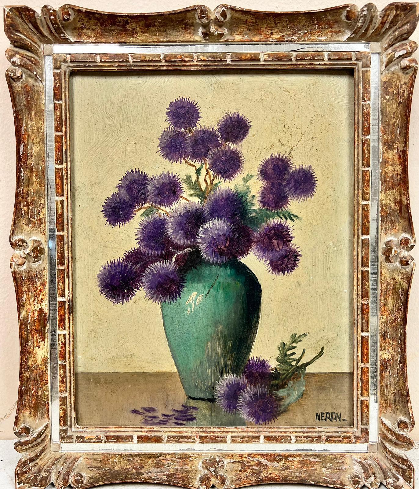 French School Interior Painting - Vintage French Signed Oil Purple Flowers Teal Vase Original Mirror Frame