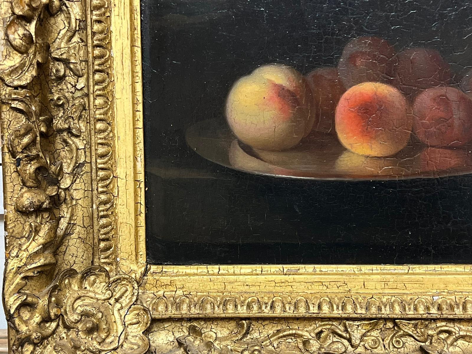 Pittura a olio francese del XVIII secolo: Natura morta di pesche con cornice dorata - Painting Antichi maestri di French School