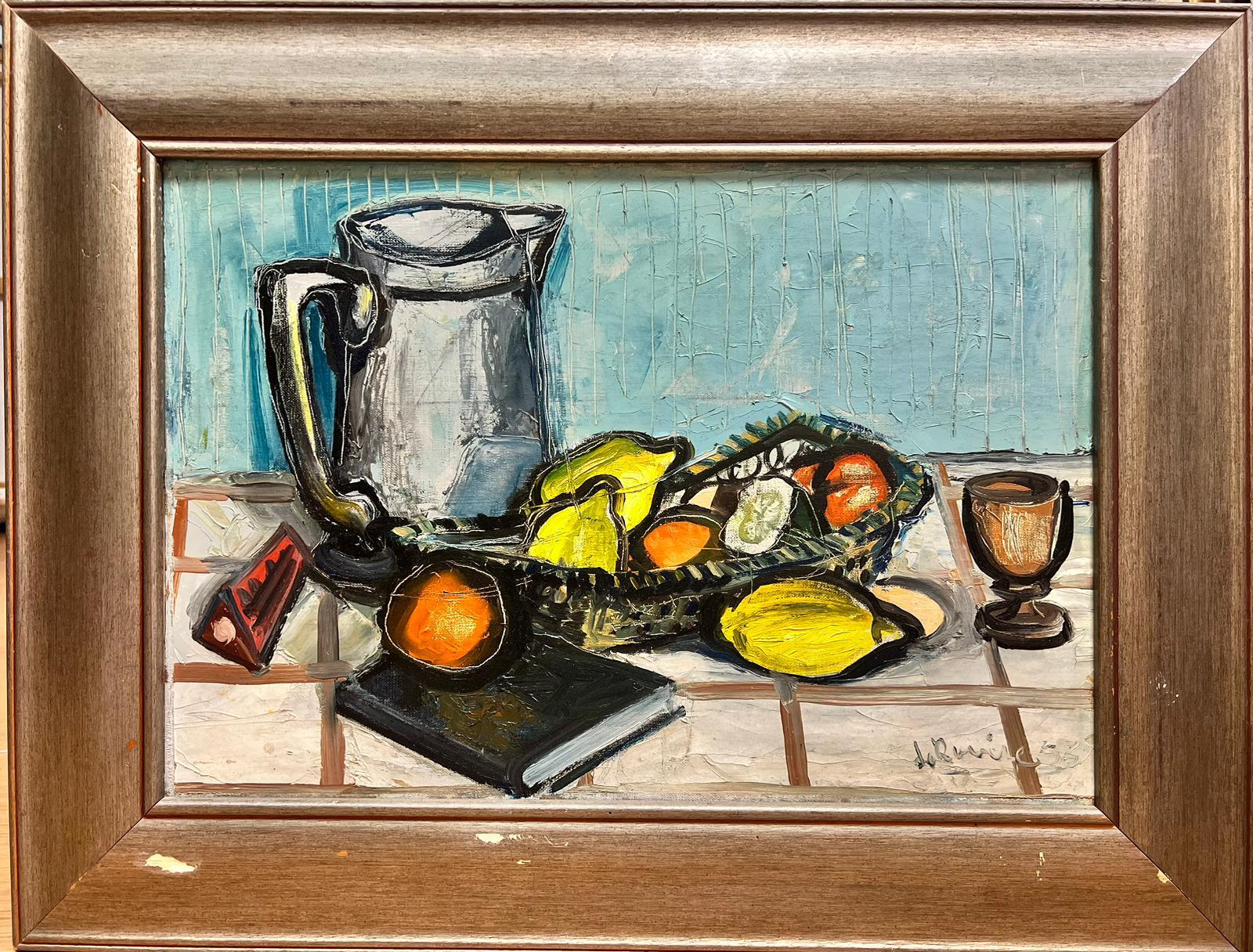 1950er Jahre Französisch Expressionist signiert Öl Stillleben Zitronen Orangen auf Tisch – Painting von French School