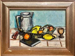 1950’s French Expressionist Signed Oil Still Life Lemons Oranges on Table