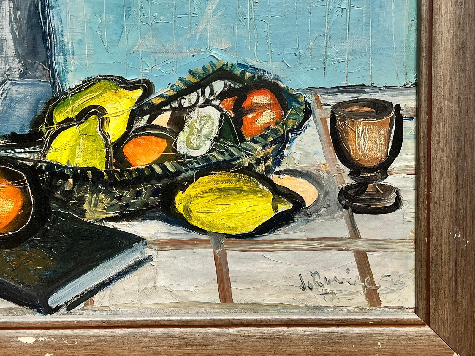 1950er Jahre Französisch Expressionist signiert Öl Stillleben Zitronen Orangen auf Tisch (Abstrakter Expressionismus), Painting, von French School