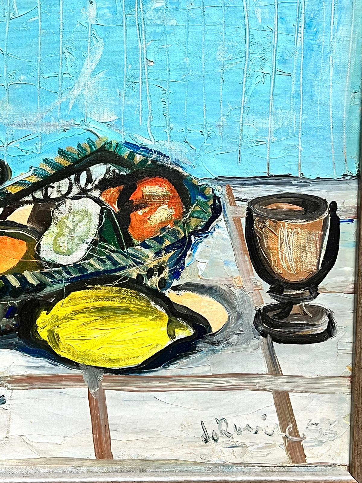 1950er Jahre Französisch Expressionist signiert Öl Stillleben Zitronen Orangen auf Tisch im Angebot 1