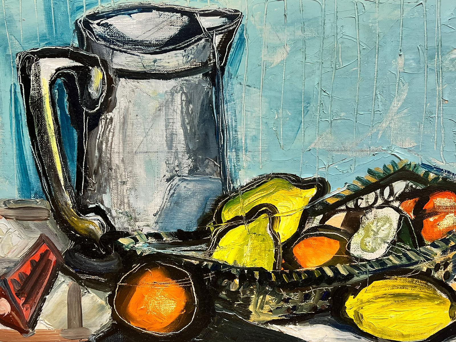 1950er Jahre Französisch Expressionist signiert Öl Stillleben Zitronen Orangen auf Tisch im Angebot 2