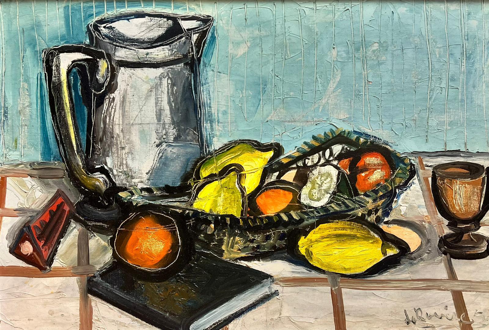 Olio firmato dall'espressionista francese degli anni '50: Natura morta di limoni e arance su un tavolo