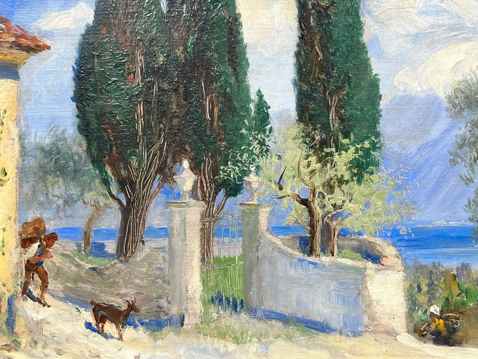 1950's French Post Impressionist Oil South of France Coastal View Figure & Goat For Sale 1