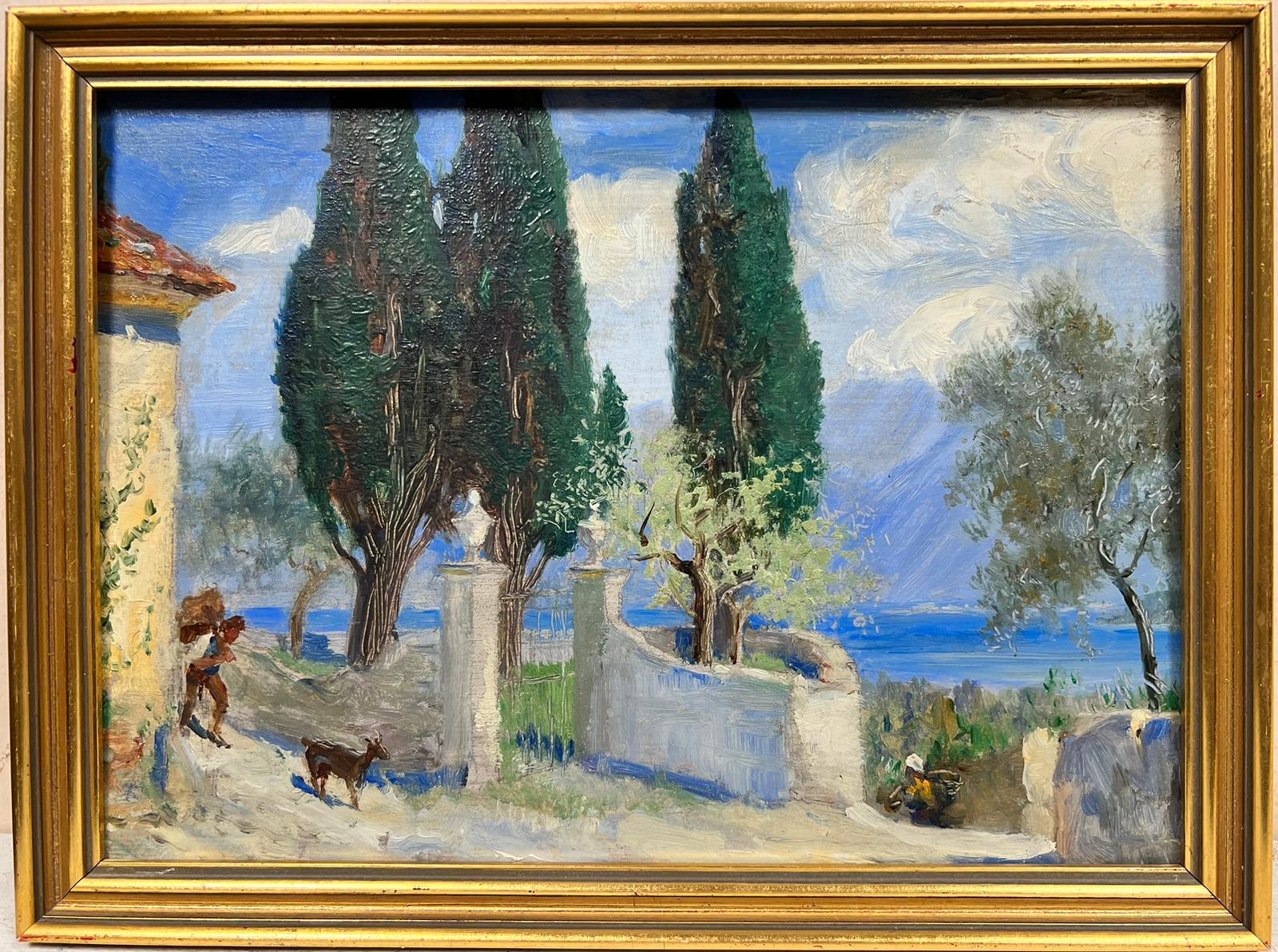 French School Figurative Painting - 1950's French Post Impressionist Oil South of France Coastal View Figure & Goat