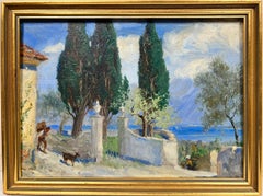 1950's French Post Impressionist Oil South of France Coastal View Figure & Goat