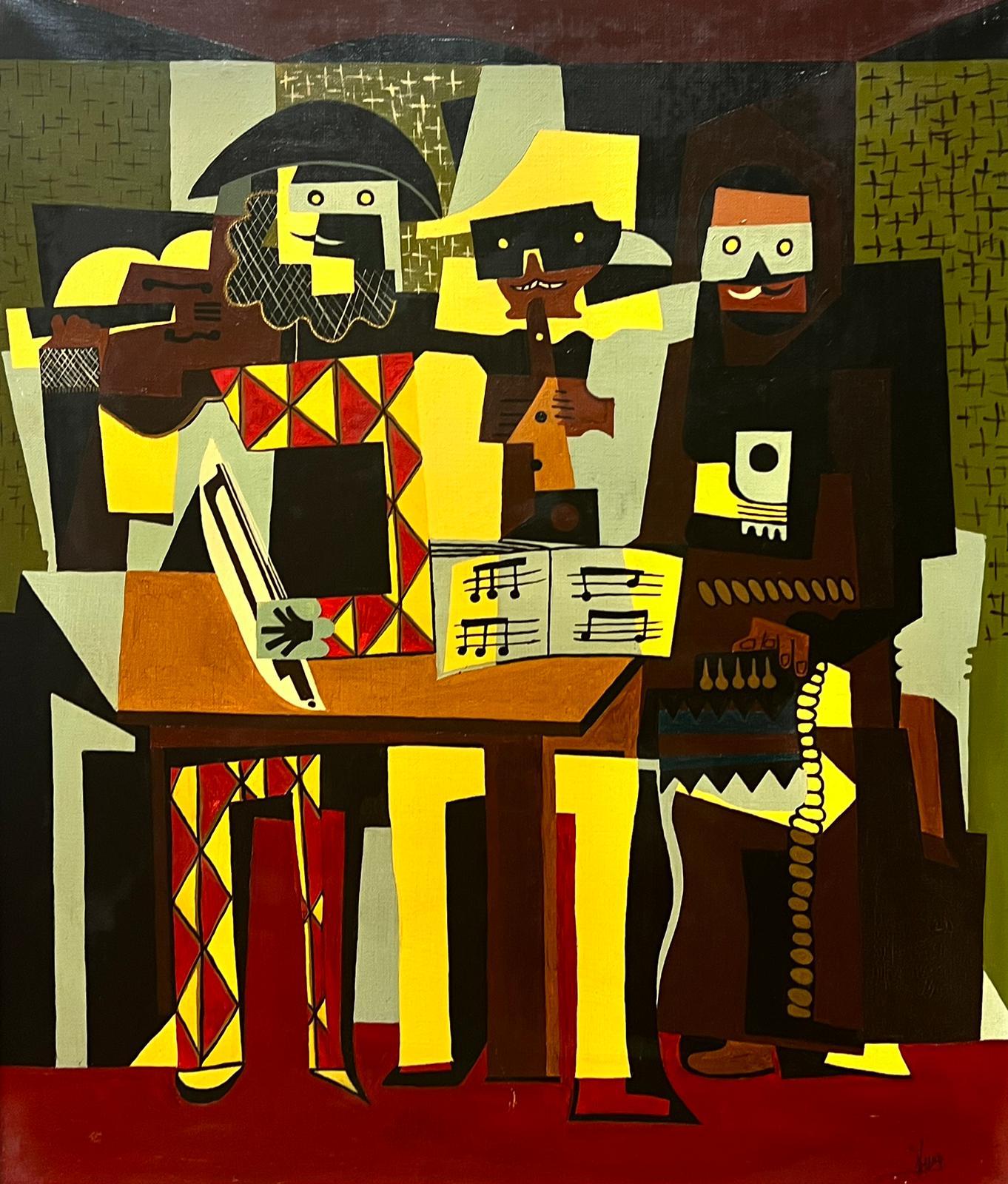 French School Abstract Painting - 1960’s French Cubist Signed Oil Painting on Canvas Group of Figures 