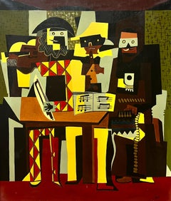 1960’s French Cubist Signed Oil Painting on Canvas Group of Figures 