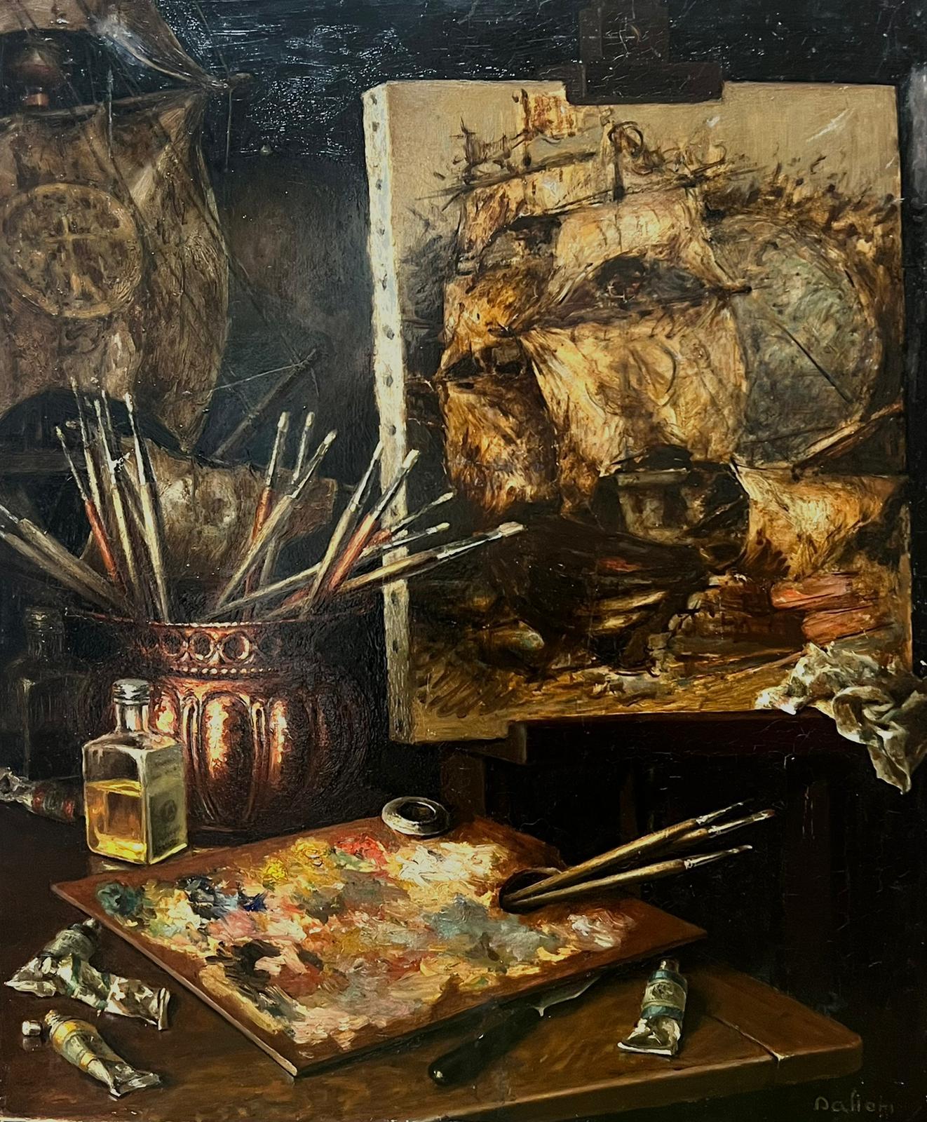 Französische Künstler-Studio-Interieurszene des 20. Jahrhunderts, Gemälde auf Staffelei