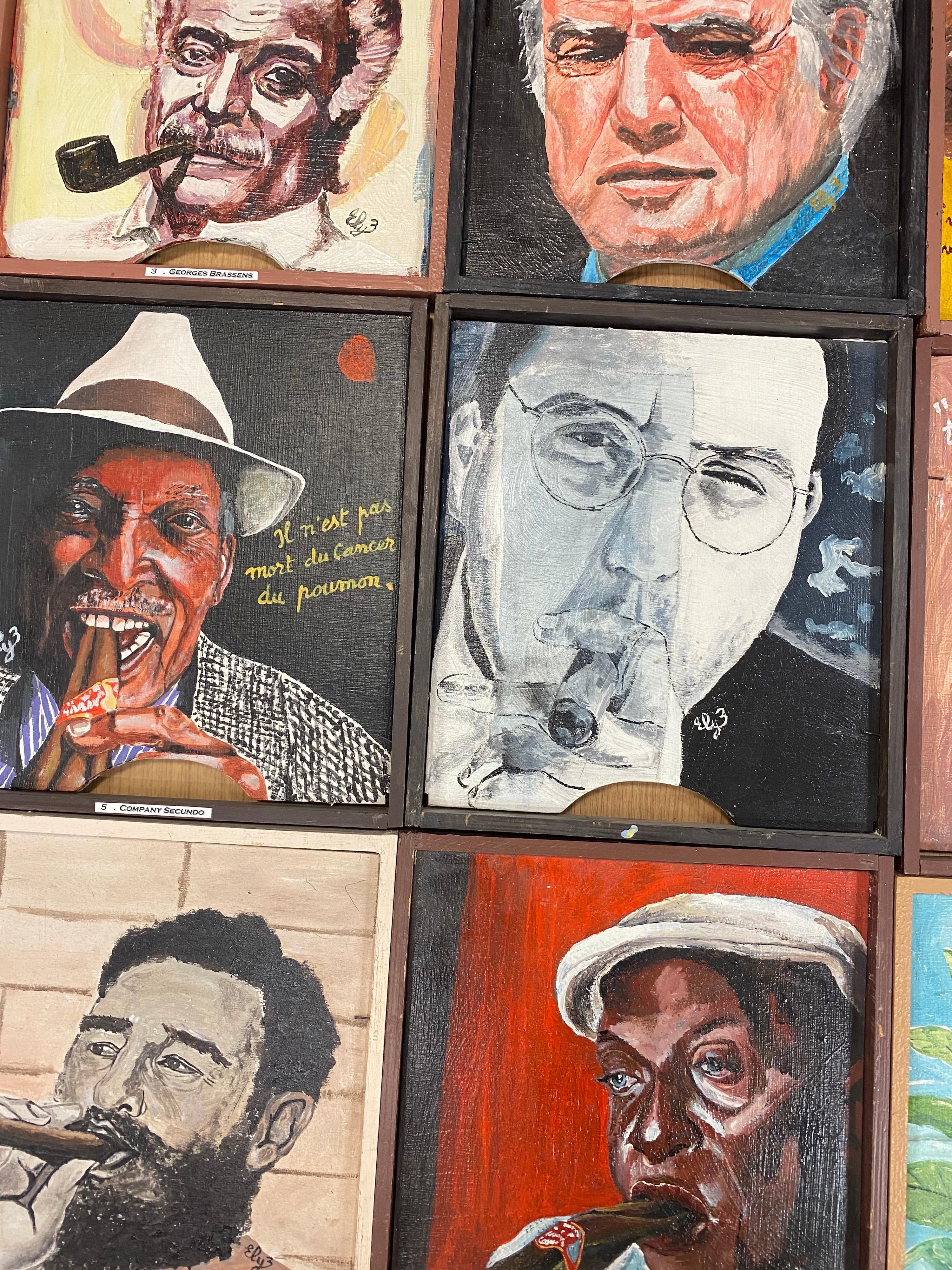 Gallery Wall Group Set of 21 Original French Oils - Portraits of Cigar Smokers - Pop Art Painting by Unknown