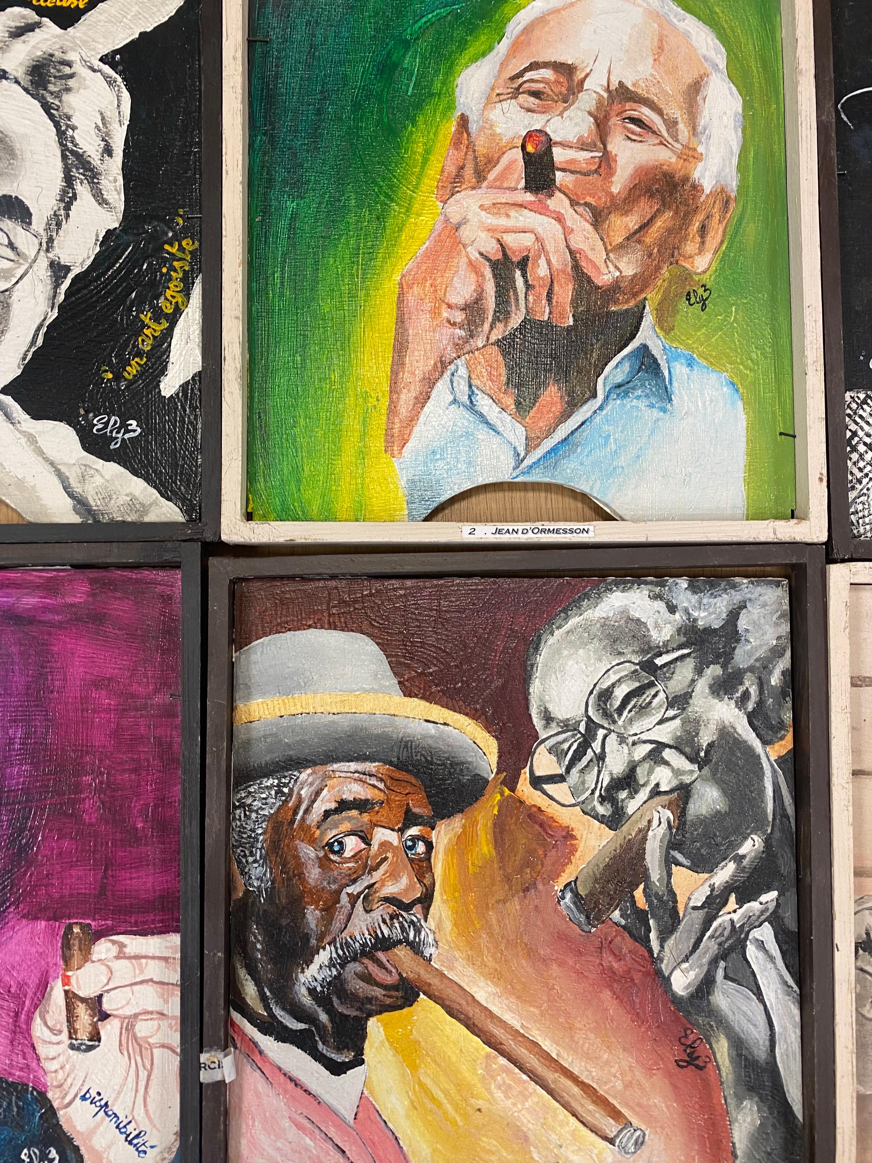 Gallery Wall Group Set of 21 Original French Oils - Portraits of Cigar Smokers - Brown Figurative Painting by Unknown