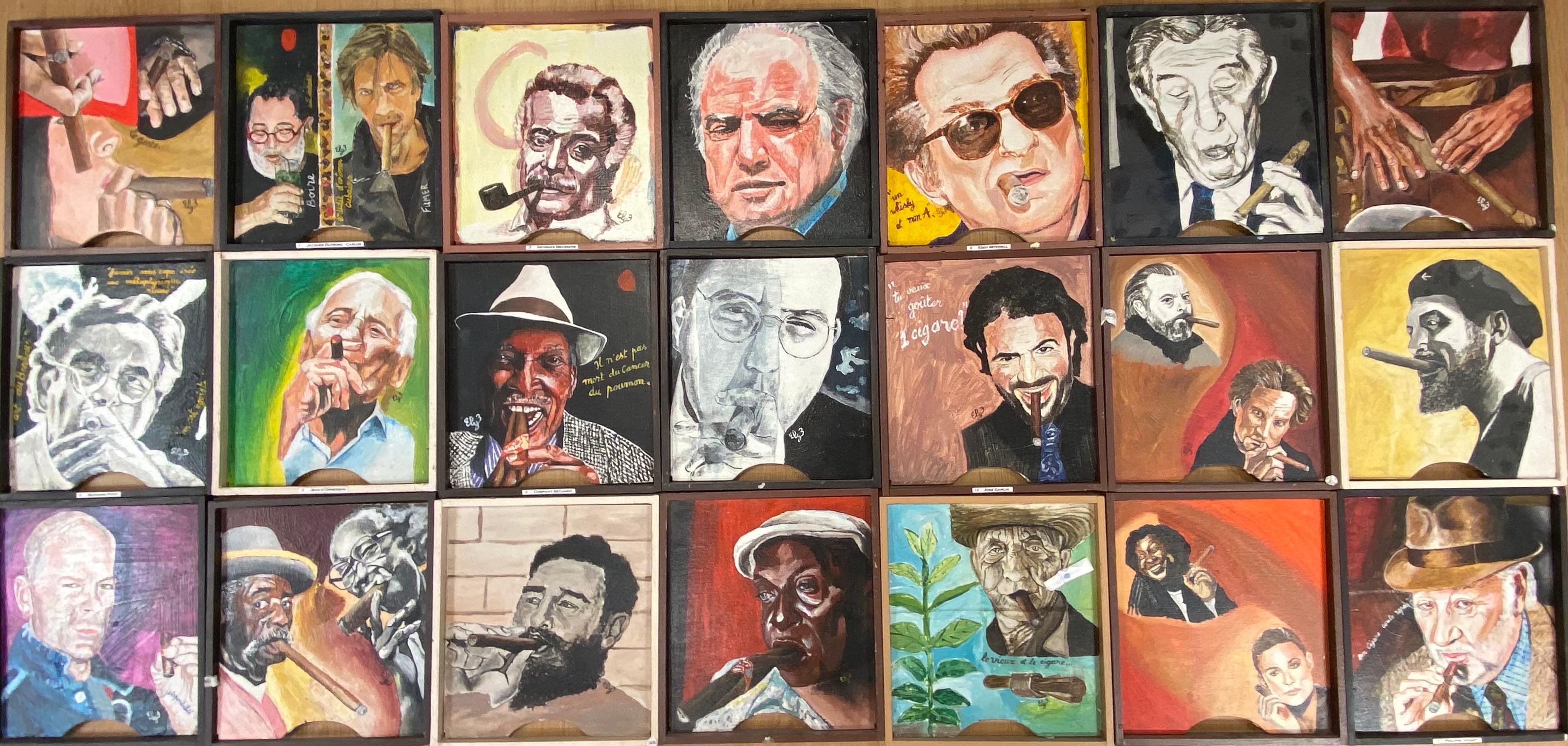 Unknown Figurative Painting - Gallery Wall Group Set of 21 Original French Oils - Portraits of Cigar Smokers